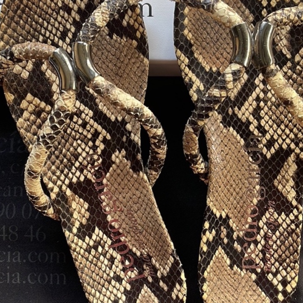 Pedro Garcia Snake-Print Thong Sandals with Gold Tubular Accent